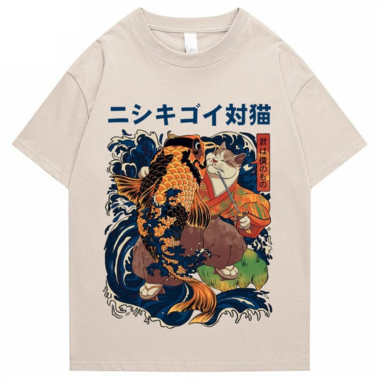 Unisex Traditional Japanese Design Cat Pattern T-Shirt