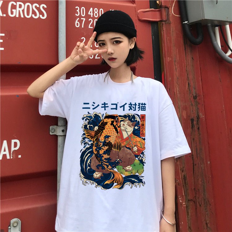 female wearing a white color 'Traditional Japanese Design Cat Pattern T-Shirt' in full display