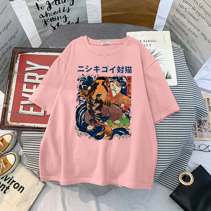pink color Japanese themed cat t-shirt styled in a lifestyle setting