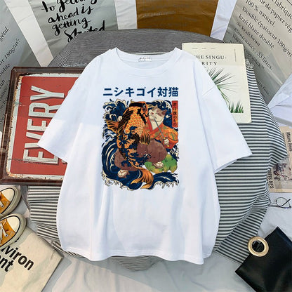 Unisex Traditional Japanese Design Cat Pattern T-Shirt