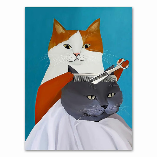 cat cutting hair barber cat canvas oil printing