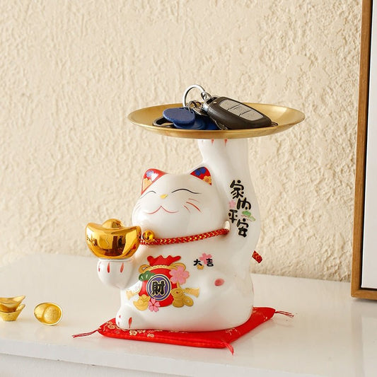 Waving lucky cat tray with gold ingot