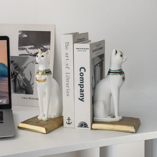 White Egyptian style cat sculpture pair for bookshelf