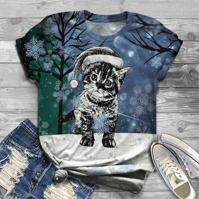 ORANDESIGNE Women's T-Shirt Cartoon Cat Print Round Neck Long Sleeve Top Fashion Loose Top with Digital Print, A Blue, XS ORANDESIGNE Women's T-Shirt Cartoon Cat Print Round Neck Long Sleeve Top Fashion Loose Top with Digital Print, A Blue, XS