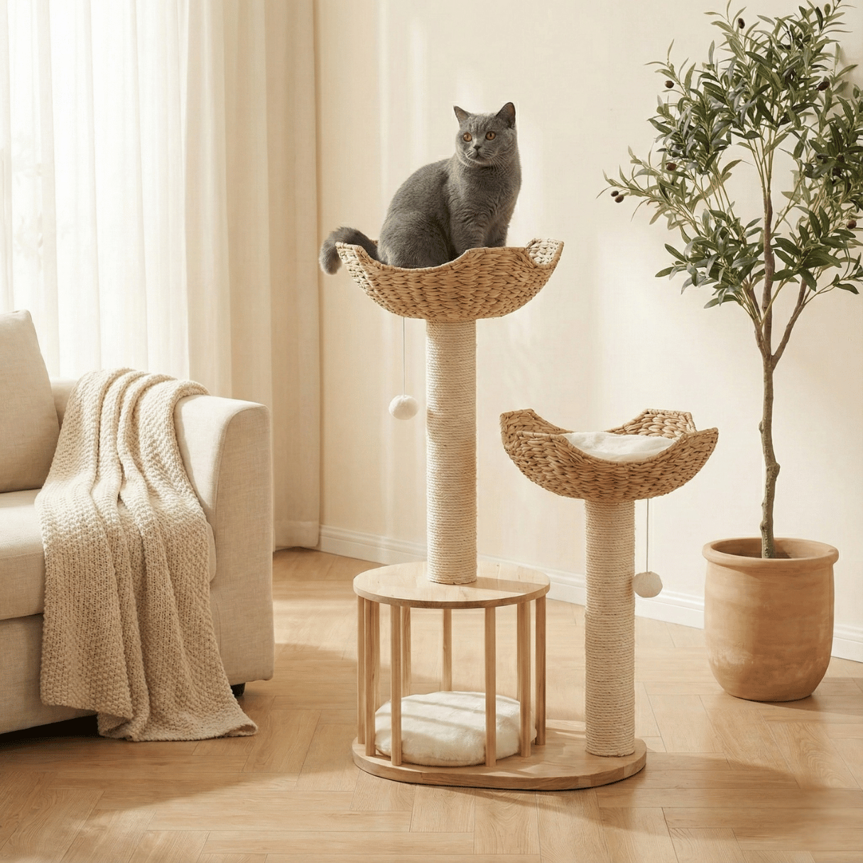 Luxury Twin Basket Cat Tree in Boho Style