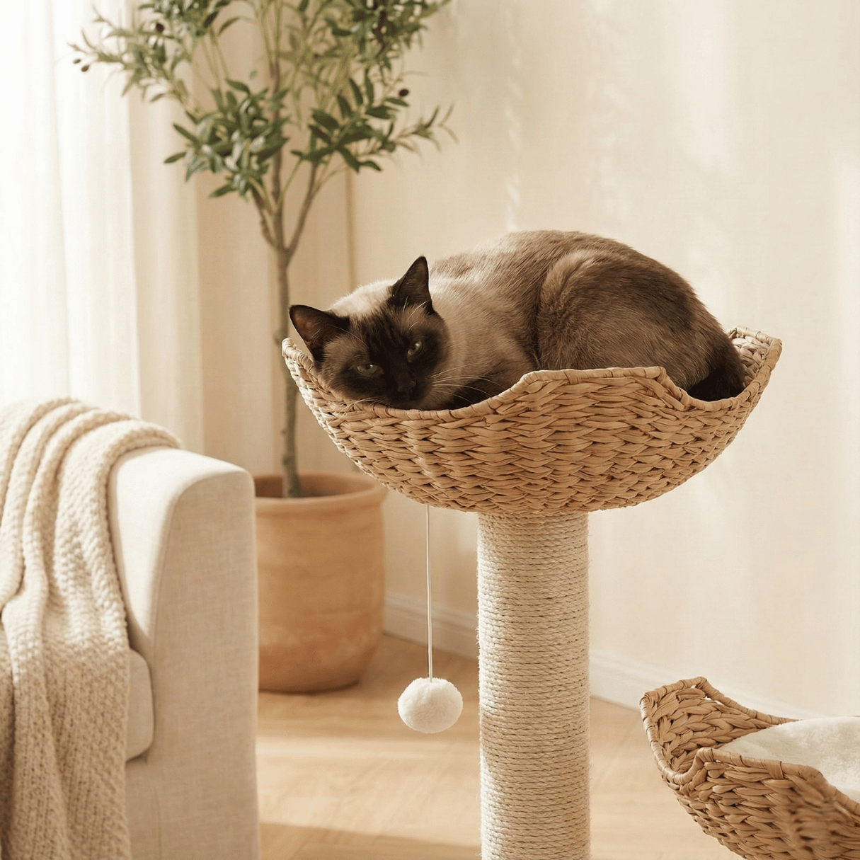Luxury Twin Basket Cat Tree in Boho Style