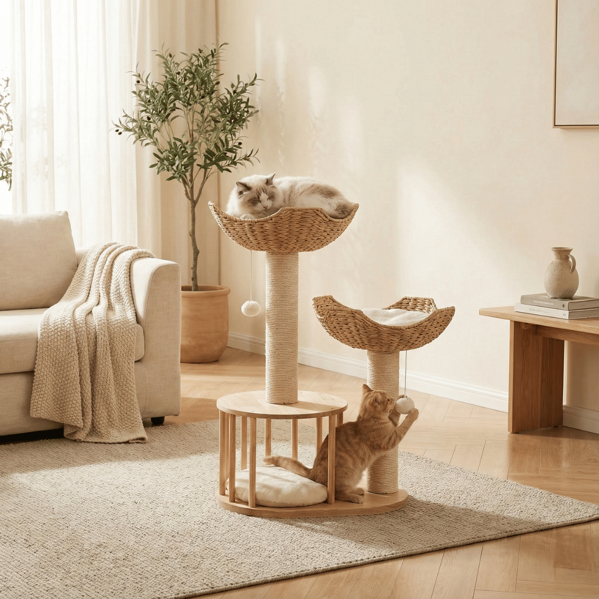 Luxury Twin Basket Cat Tree in Boho Style