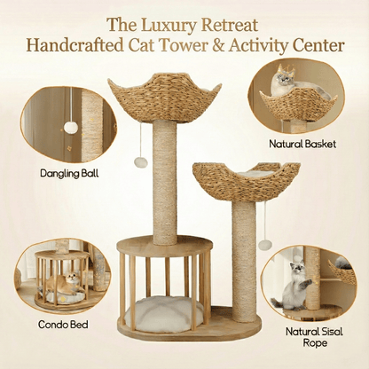 Luxury Twin Basket Cat Tree in Boho Style