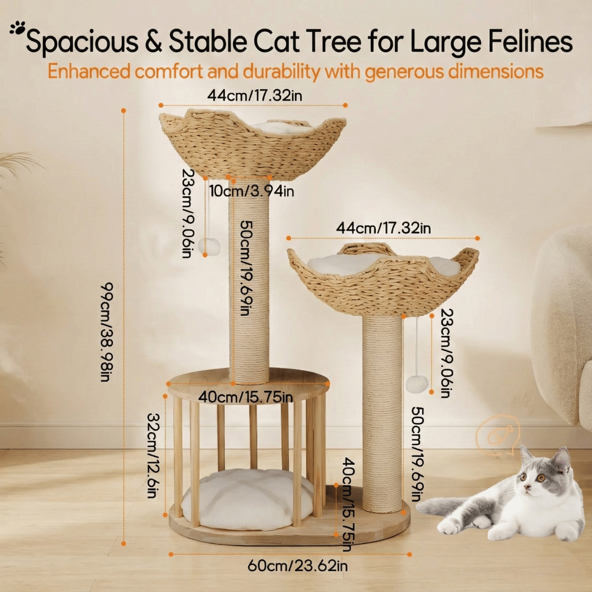 Luxury Twin Basket Cat Tree in Boho Style