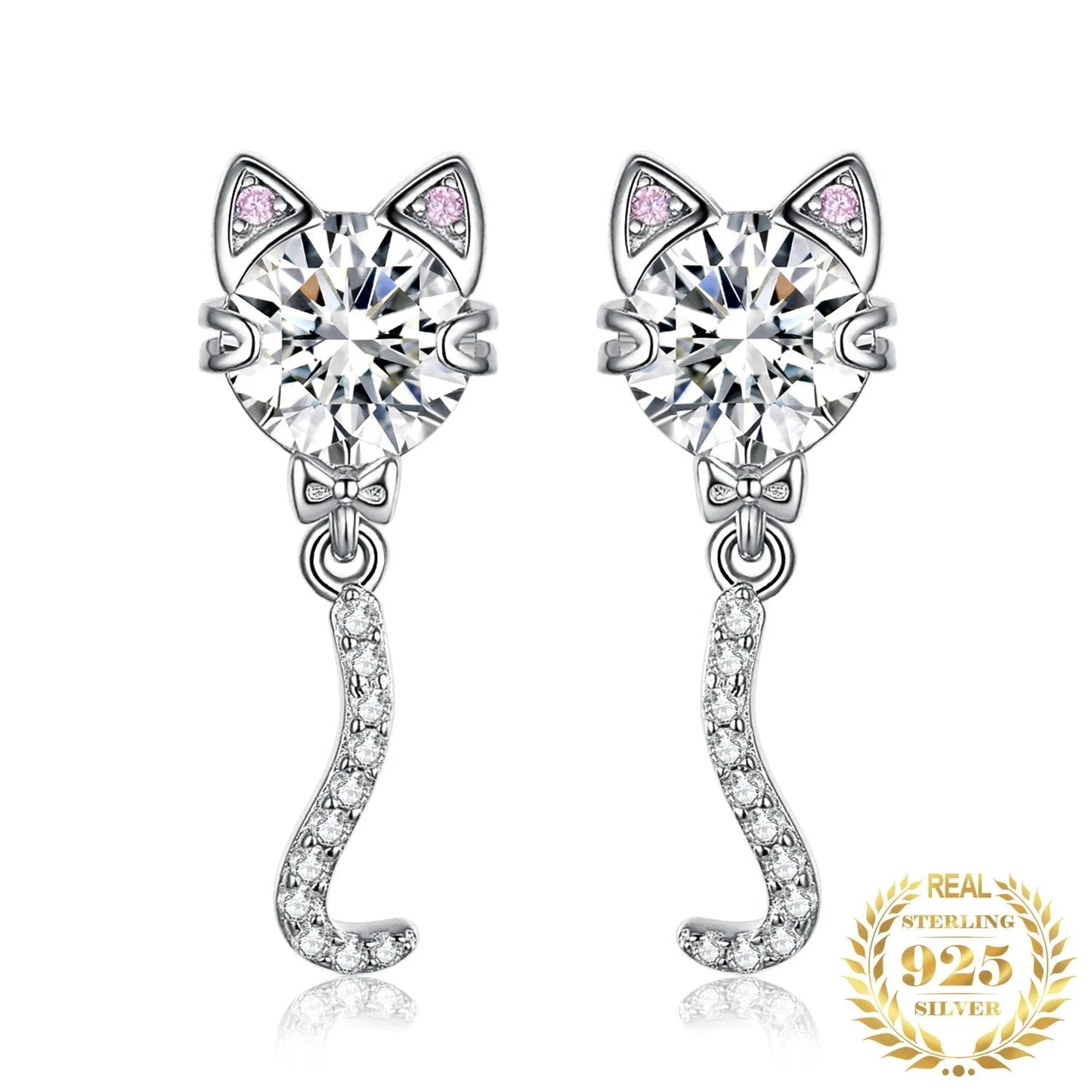 4ct Zirconia Cat Stud Earrings With Pink Ears