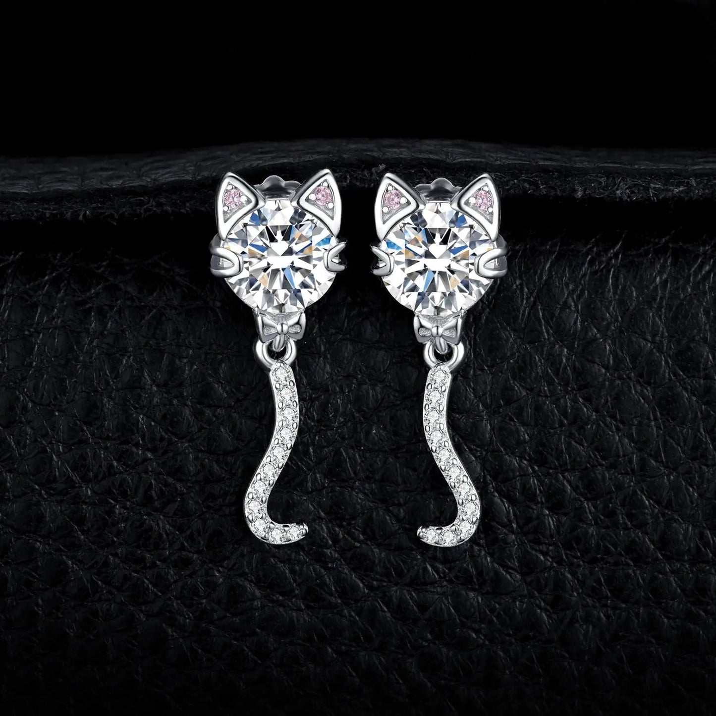 4ct Zirconia Cat Stud Earrings With Pink Ears