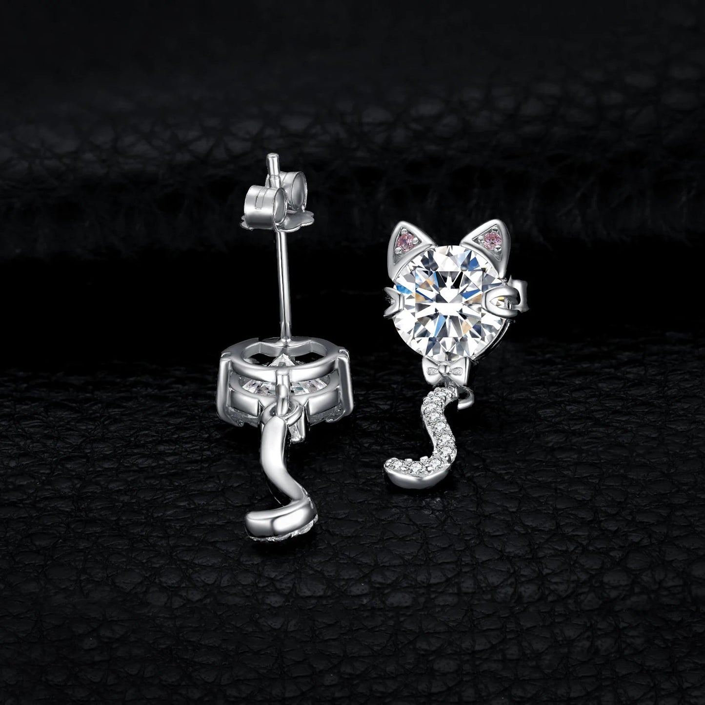 4ct Zirconia Cat Stud Earrings With Pink Ears