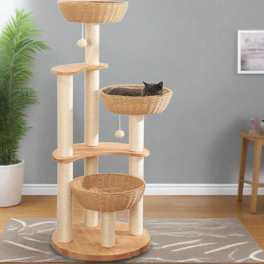 a modern look cat tree with three bohemian style basket that is spacious for cat