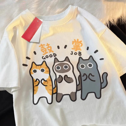 white t-shirt with cartoon cats clapping for you together with english and kanji meaning "good job"