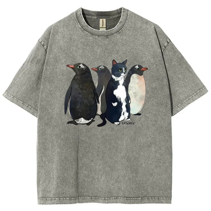 "Can You Spot A Cat?" Funny Penguin & Cat Streetwear T-shirt