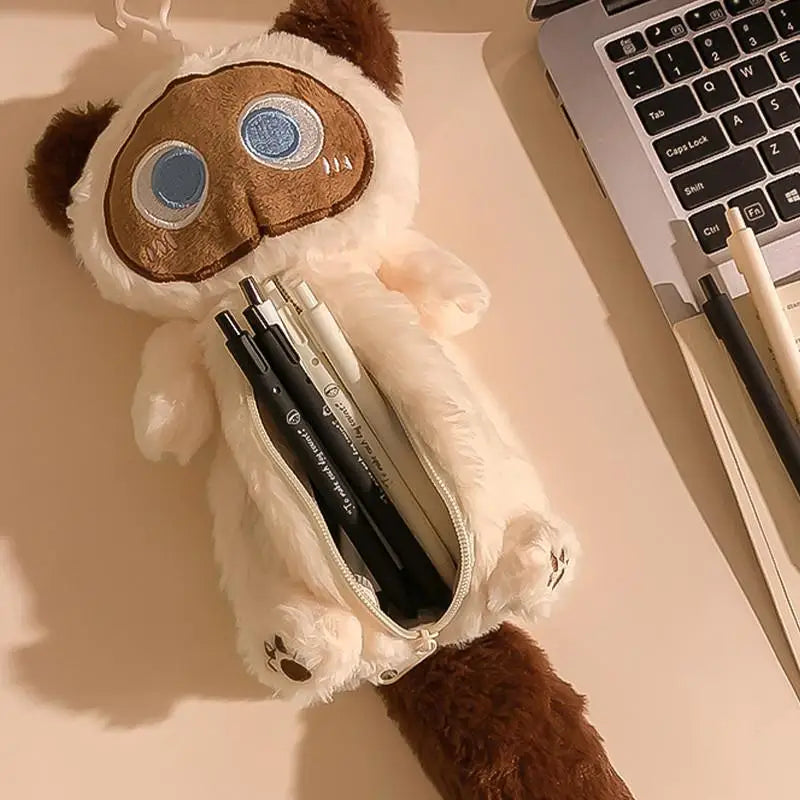 Adorable Big Eyes Plush Cat Pencil Case - Black And Siamese Edition