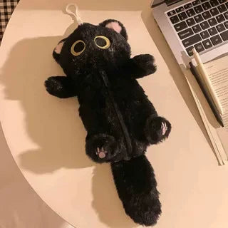 Adorable Big Eyes Plush Cat Pencil Case - Black And Siamese Edition