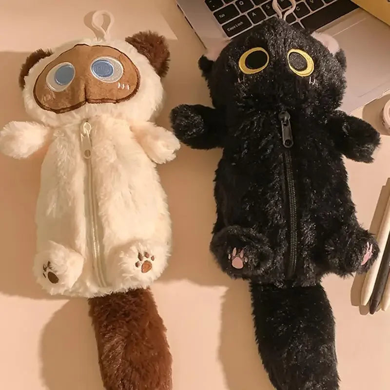 Adorable Big Eyes Plush Cat Pencil Case - Black And Siamese Edition