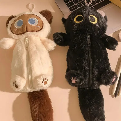 Adorable Big Eyes Plush Cat Pencil Case - Black And Siamese Edition