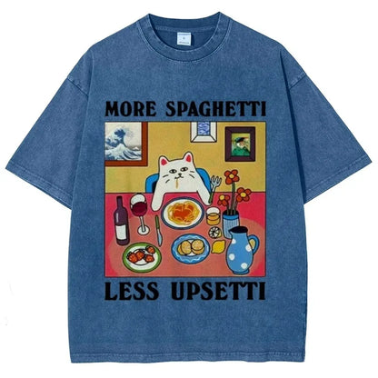 "More Spaghetti Less Upsetti" - A Vintage Design Cat Washed T-shirt
