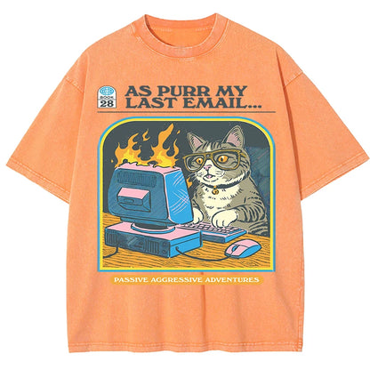 "As Purr My Last Email" - Vintage washed T-shirt With Angry Office Cat Print