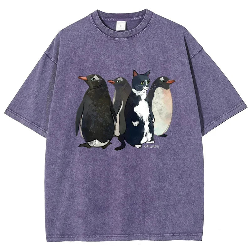 "Can You Spot A Cat?" Funny Penguin & Cat Streetwear T-shirt