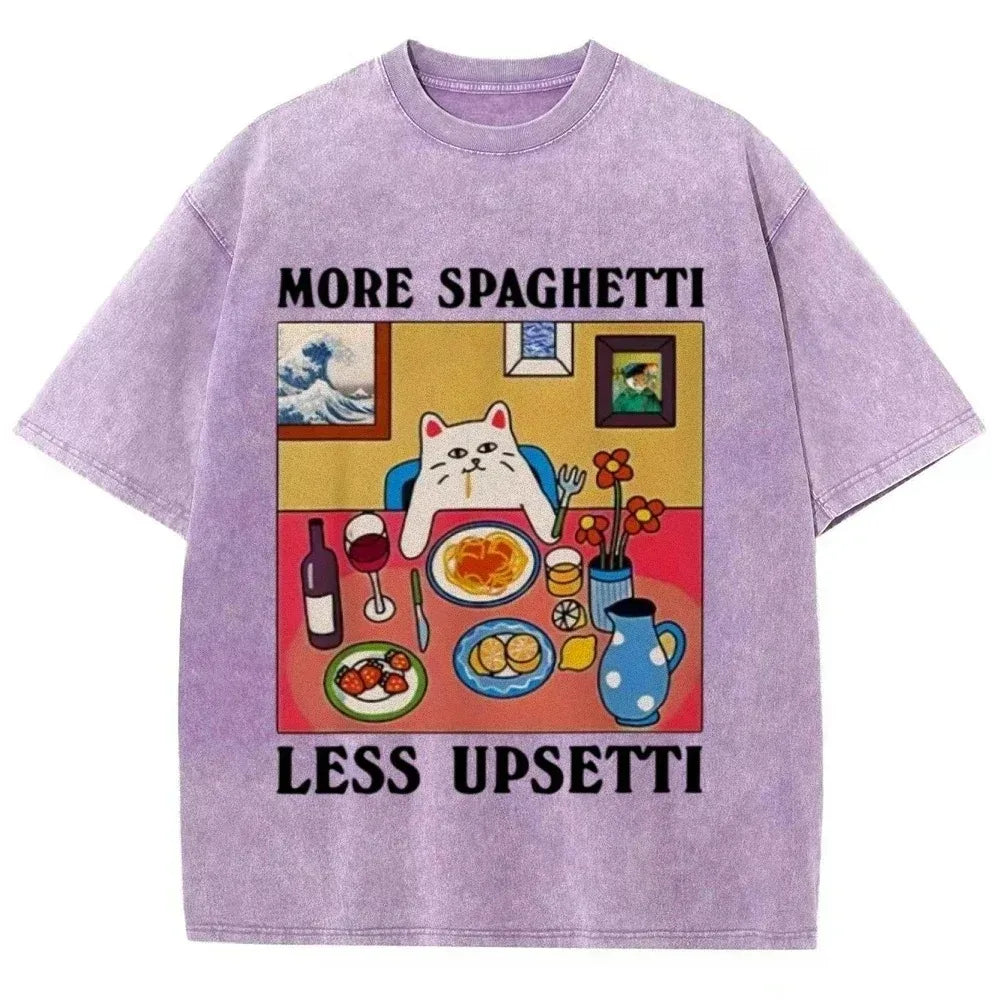 "More Spaghetti Less Upsetti" - A Vintage Design Cat Washed T-shirt