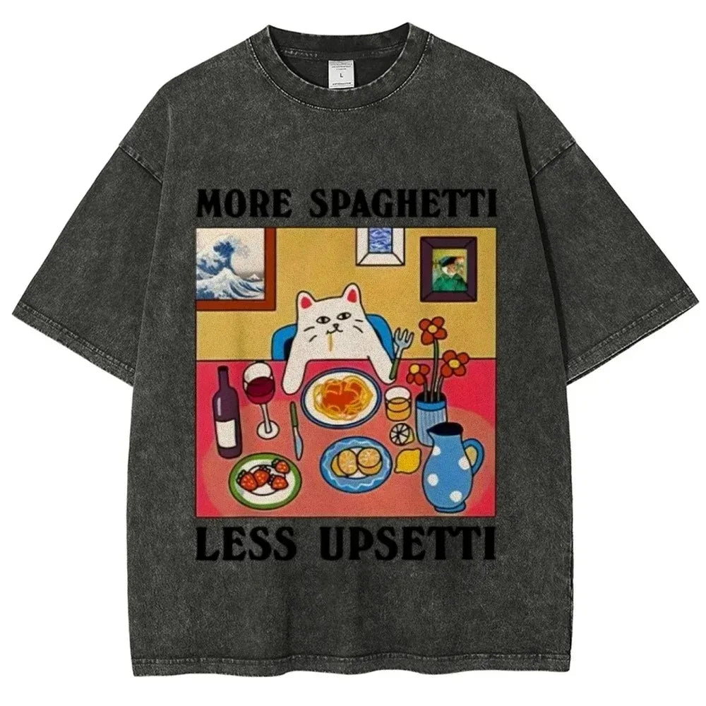 "More Spaghetti Less Upsetti" - A Vintage Design Cat Washed T-shirt