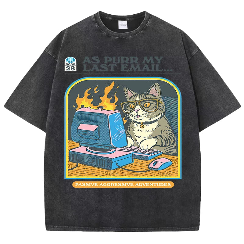 "As Purr My Last Email" - Vintage washed T-shirt With Angry Office Cat Print