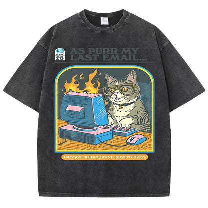 "As Purr My Last Email" - Vintage washed T-shirt With Angry Office Cat Print