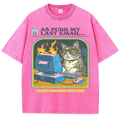 "As Purr My Last Email" - Vintage washed T-shirt With Angry Office Cat Print