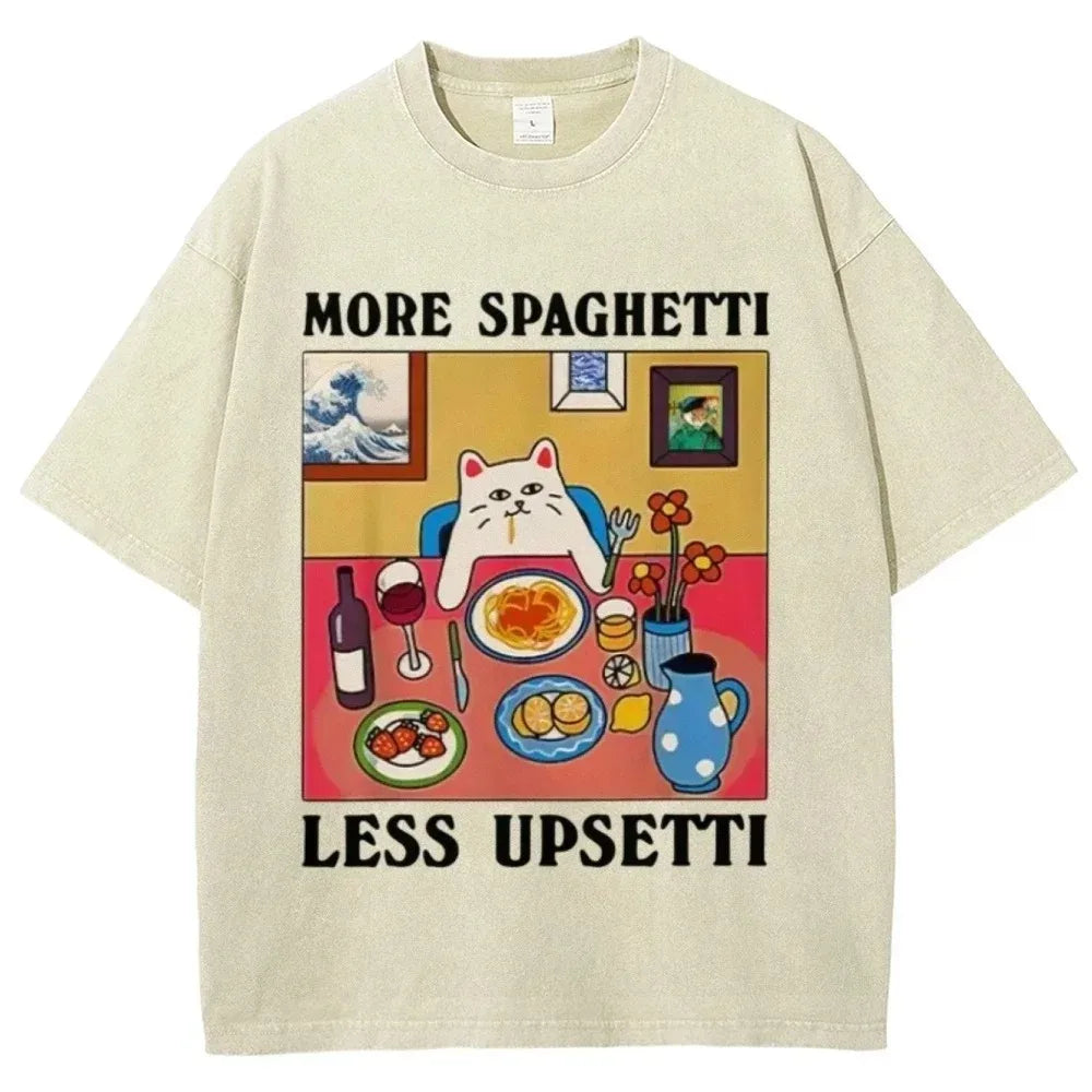 "More Spaghetti Less Upsetti" - A Vintage Design Cat Washed T-shirt