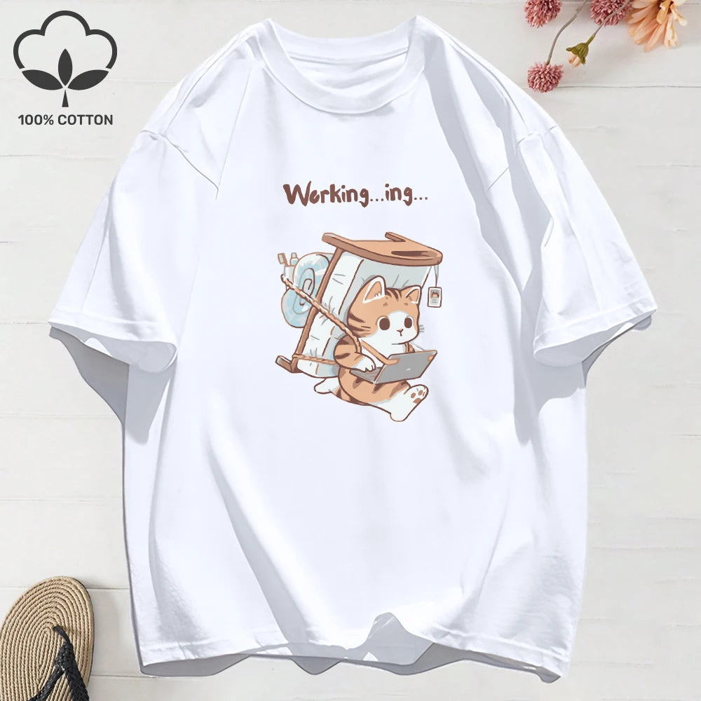 White t-shirt with a cartoon cat design and text 'Working...ing...'