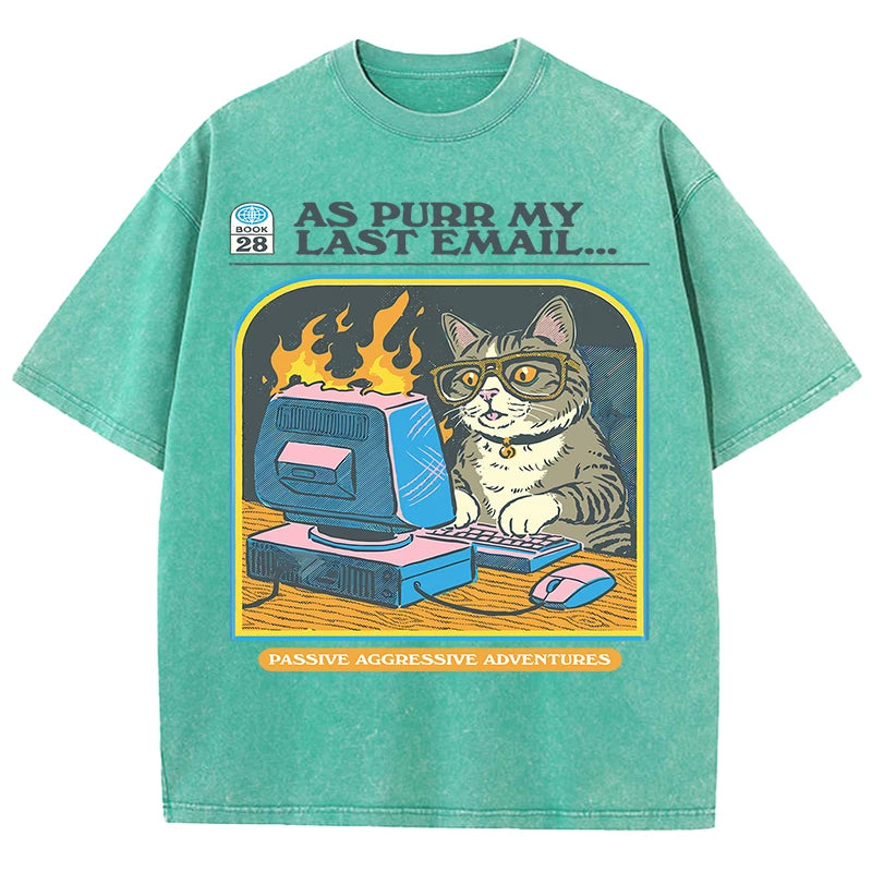 "As Purr My Last Email" - Vintage washed T-shirt With Angry Office Cat Print