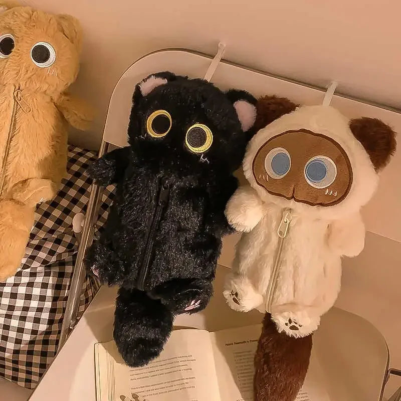 Adorable Big Eyes Plush Cat Pencil Case - Black And Siamese Edition