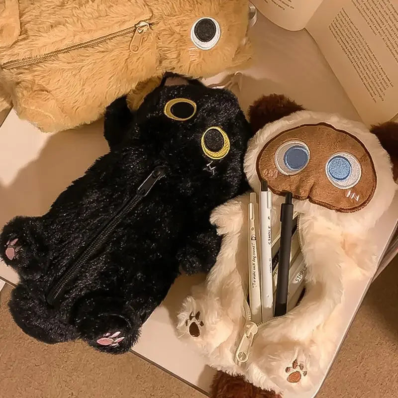 Adorable Big Eyes Plush Cat Pencil Case - Black And Siamese Edition