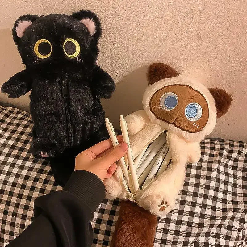 Adorable Big Eyes Plush Cat Pencil Case - Black And Siamese Edition