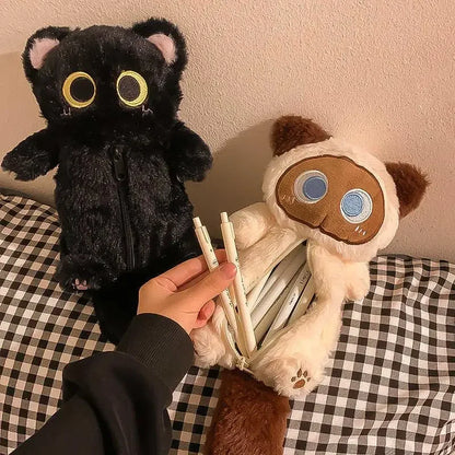 Adorable Big Eyes Plush Cat Pencil Case - Black And Siamese Edition