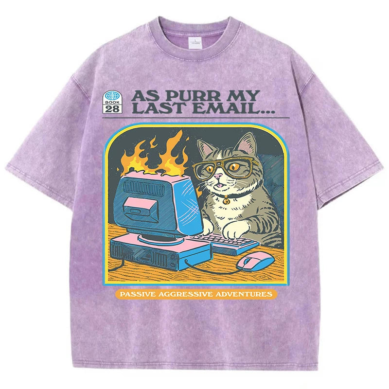 "As Purr My Last Email" - Vintage washed T-shirt With Angry Office Cat Print