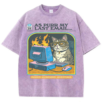 "As Purr My Last Email" - Vintage washed T-shirt With Angry Office Cat Print