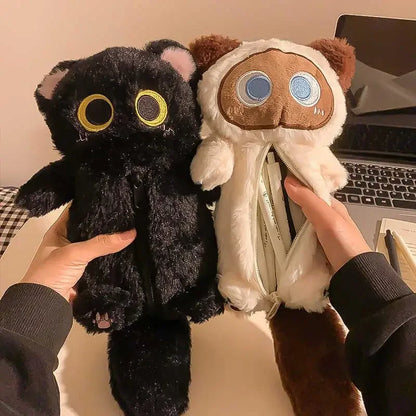 Adorable Big Eyes Plush Cat Pencil Case - Black And Siamese Edition