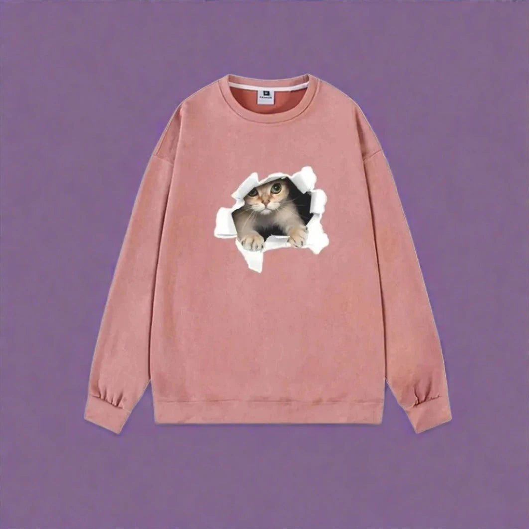 Adorable Cat Face Sweatshirt in Luxurious Suede Fabric – Meowgicians™