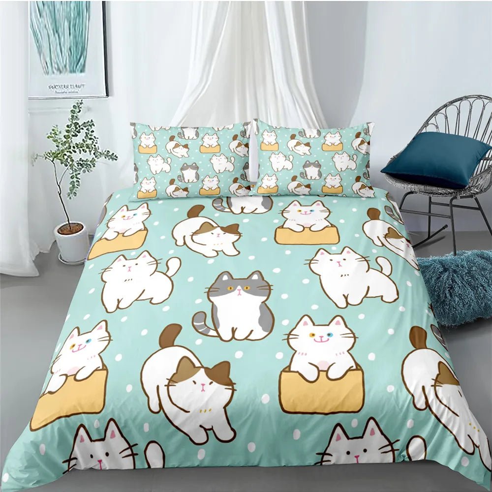 Adorable Mint Green Cartoon Cat Duvet Cover Set With Polka Dot