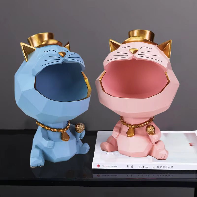 light blue and pink color cat sculptures with storage