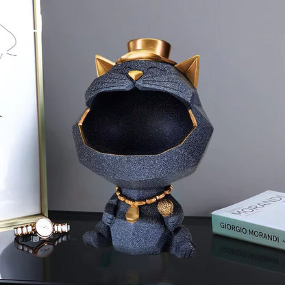 dark gray and gold cool cat sculpture with big mouth and storage space