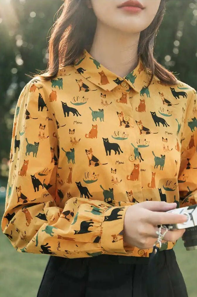Cartoon Cats Button Up Blouse – Meowgicians™