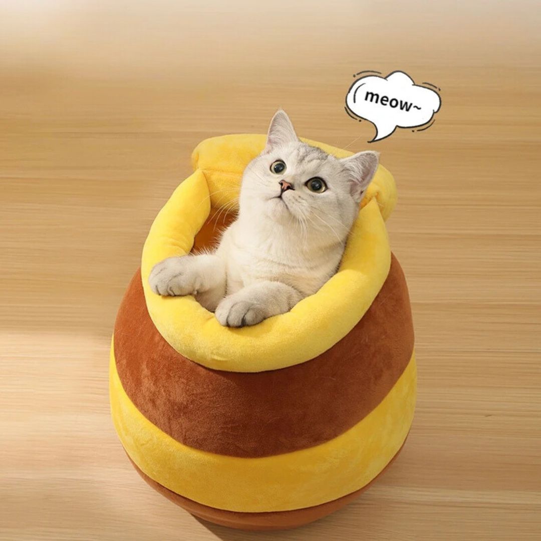 a cat meowing inside a honey pot shape cat bed and looks super cute