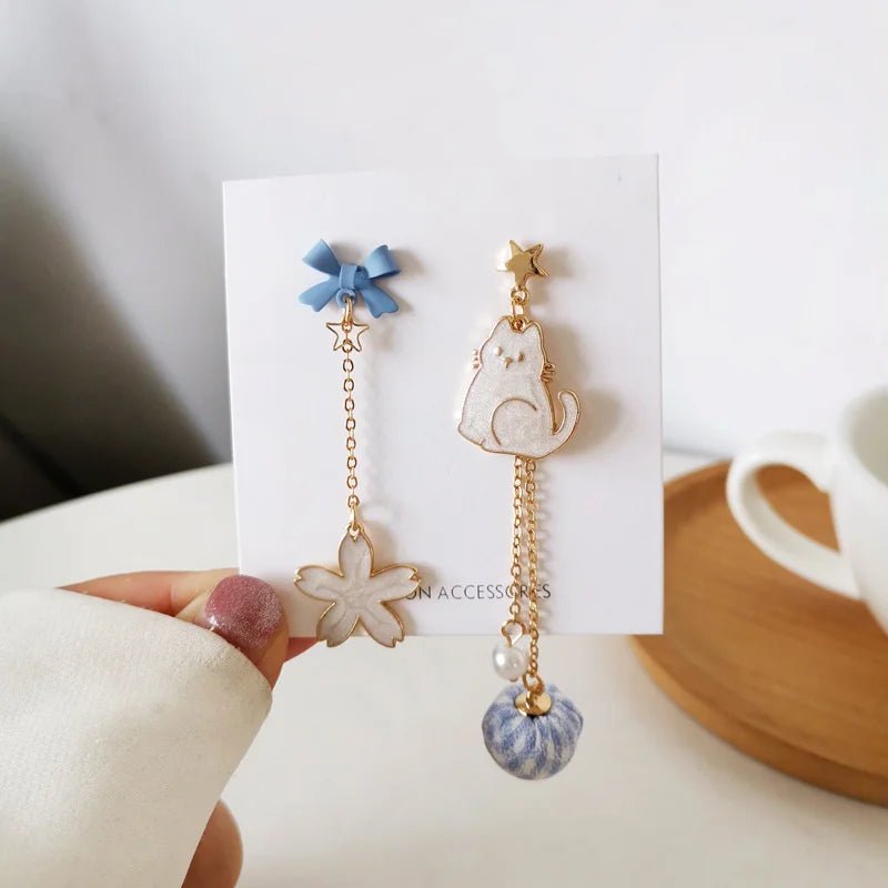 Cat Drop Earrings With Sakura & Shell