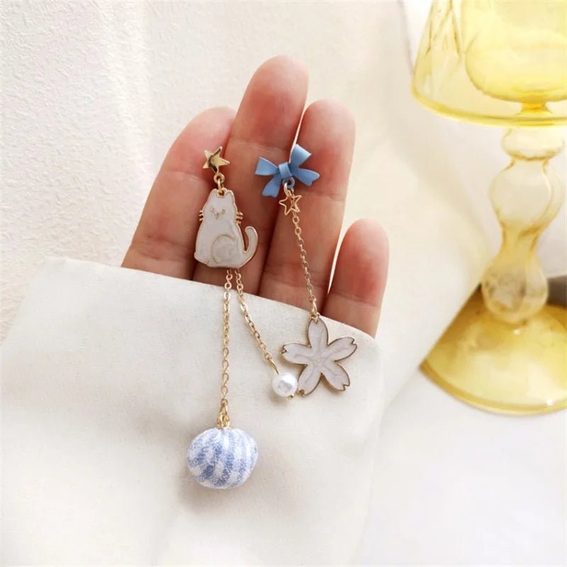 Cat Drop Earrings With Sakura & Shell