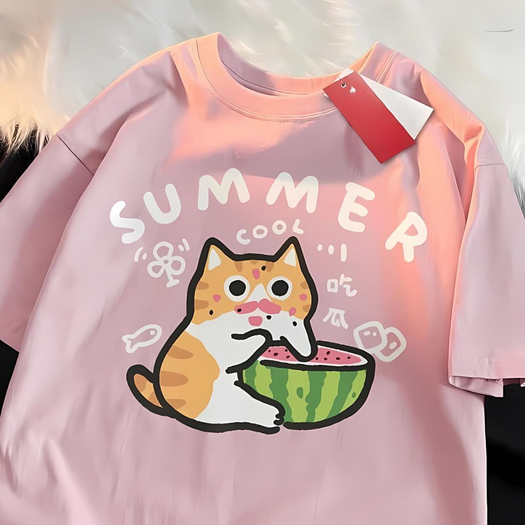 'Cat Eating Watermelon' Summer Cartoon T-shirt